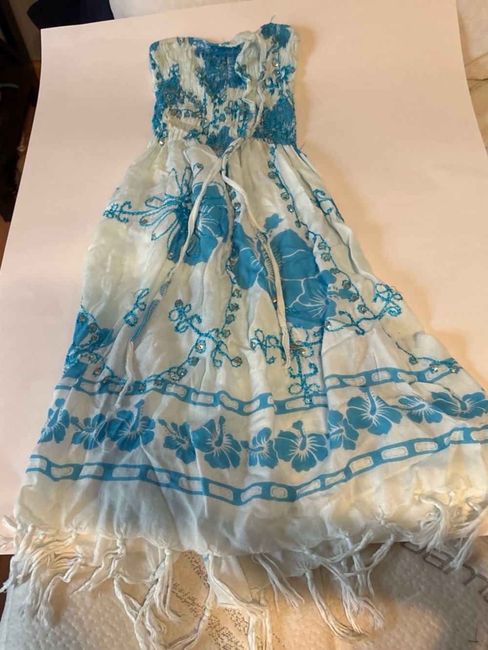 Girls Strapless White and Turquoise Floral Summer Dress